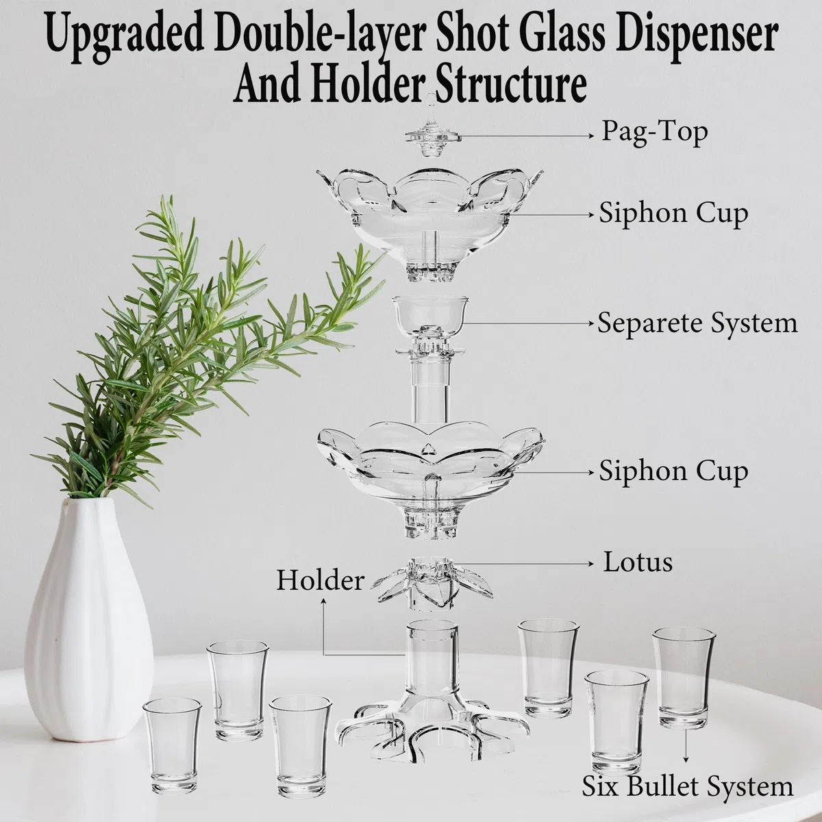 Dispensador y soporte de doble capa mejorado con 6 vasos de chupito, dispensador de llenado de líquido, dispensador de cerveza, dispensador de bebidas para jugo o vino con cepillo