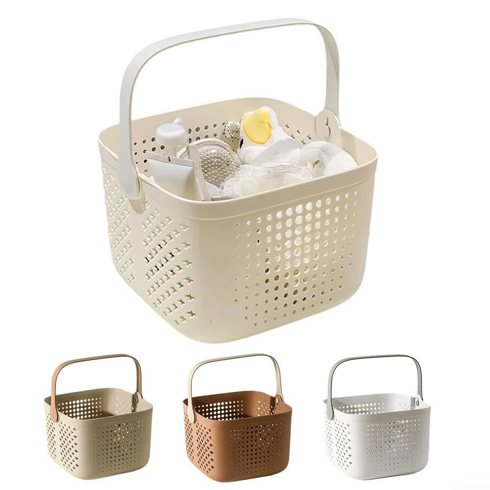 Cesta de ducha portátil con drenaje hueco y asa, adecuada para artículos de tocador y productos de limpieza (marrón)