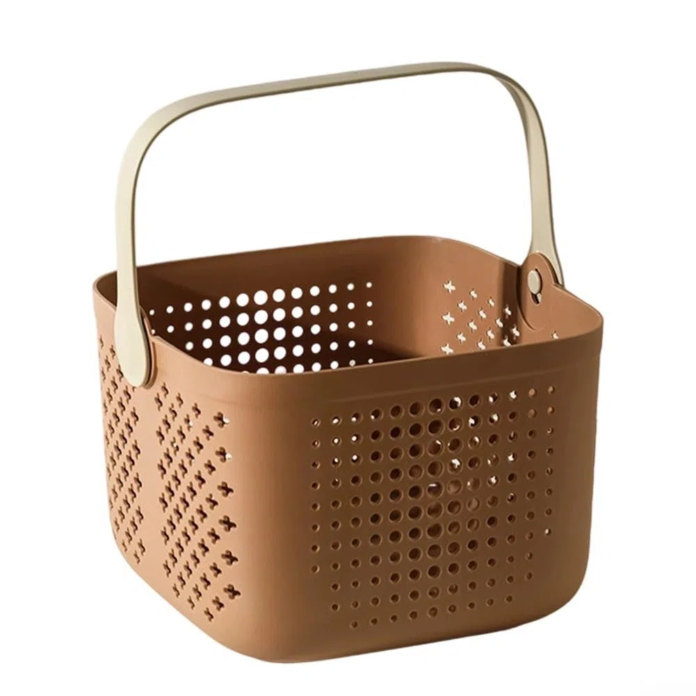 Cesta de ducha portátil con drenaje hueco y asa, adecuada para artículos de tocador y productos de limpieza (marrón)