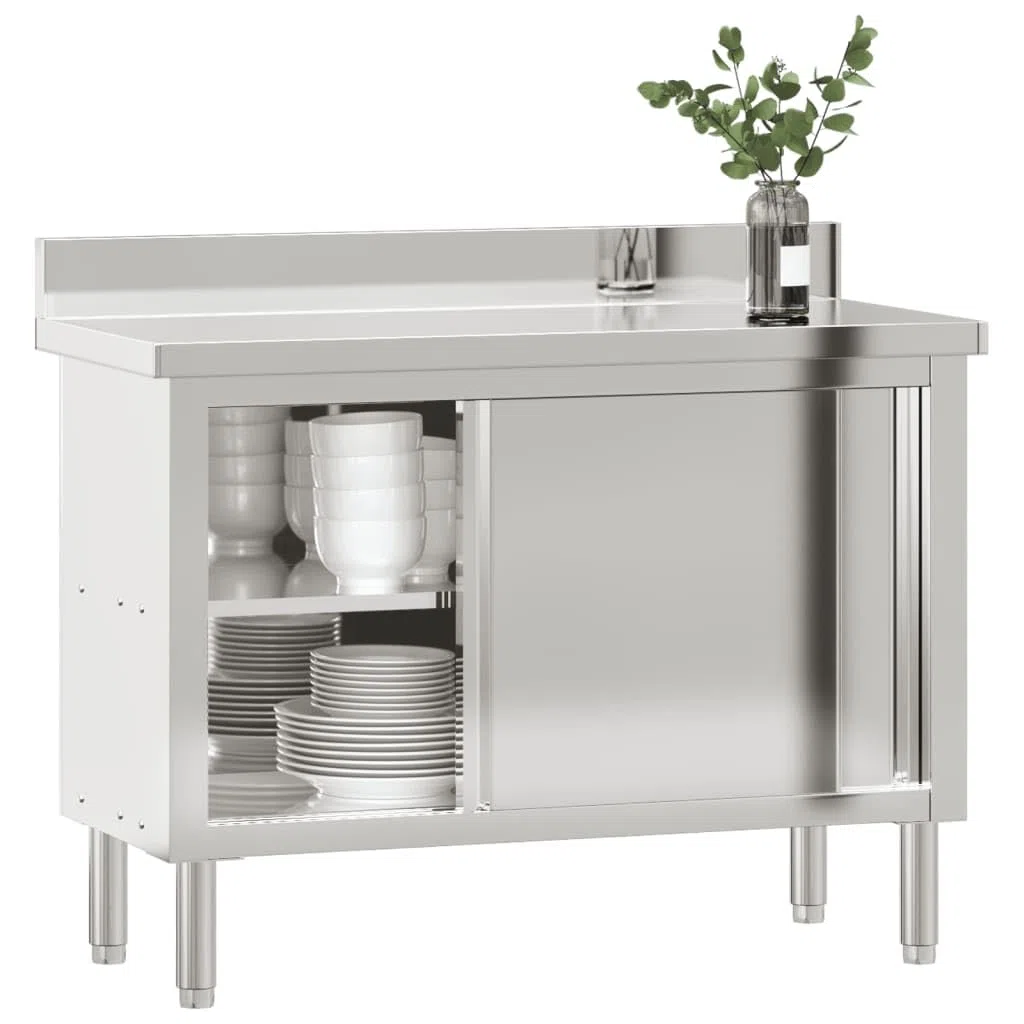 Mesa de trabajo de cocina de acero inoxidable con puertas correderas, 110 x 50 x 90 cm, 2 puertas, para gastronomía, restaurante, cocina, catering, hotel, bar, cafetería, cantina, encimera