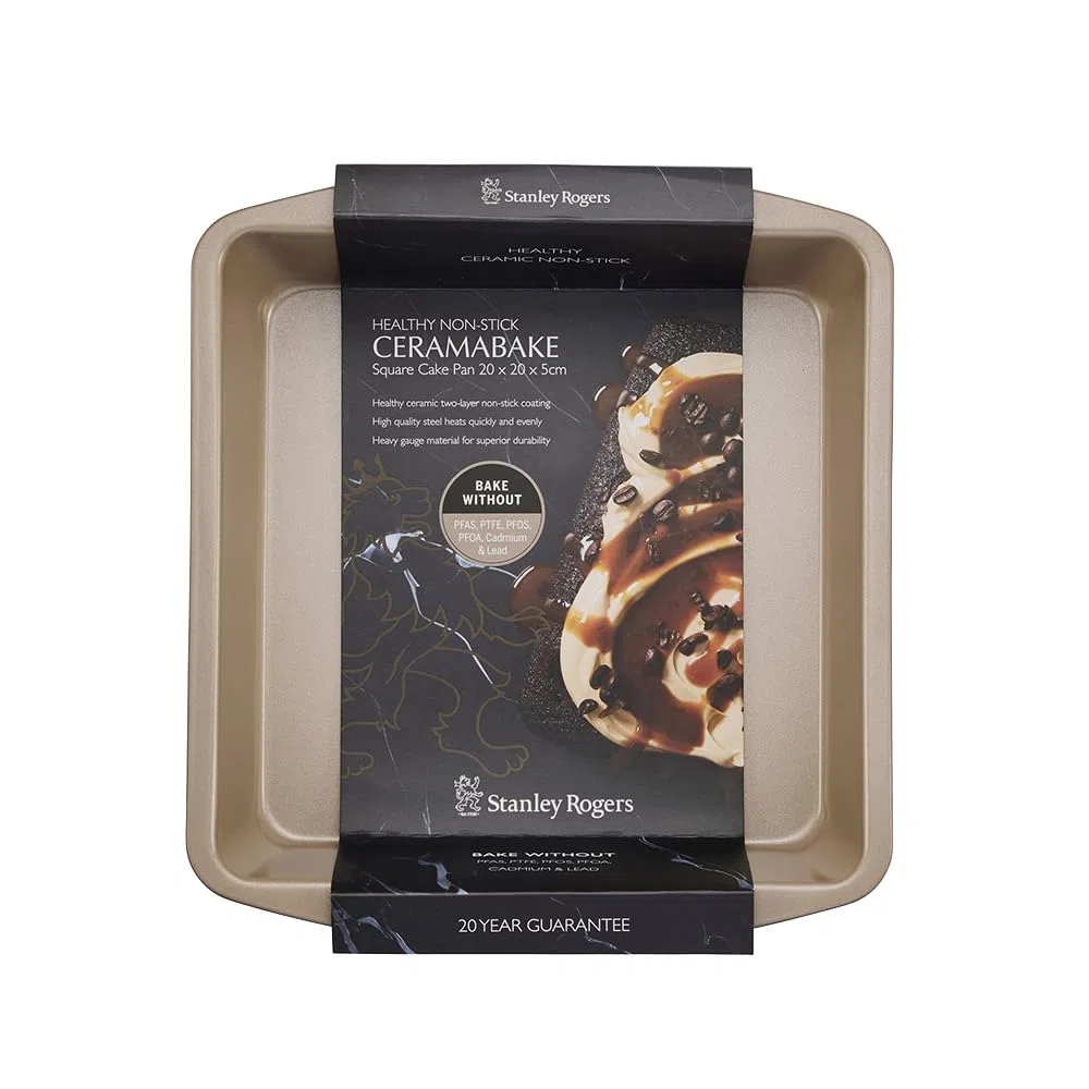 Stanley Rogers Ceramabake - Molde cuadrado de cerámica antiadherente saludable de 20 x 20 x 5 cm, hornear sin PFAS PTFE PFOS PFOA cadmio y plomo, ideal para brownies, pasteles y horneado diario