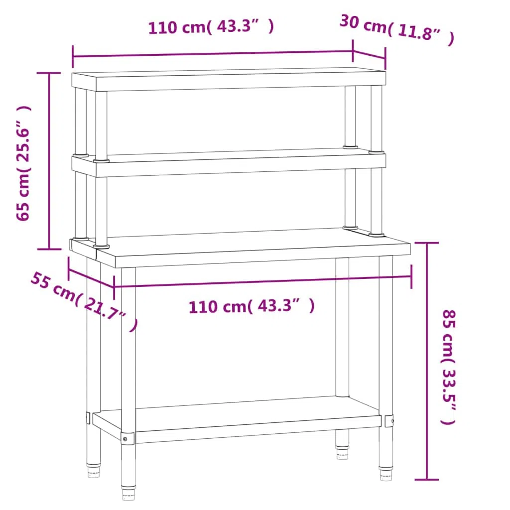 Mesa de trabajo de acero inoxidable con placa superior 110 x 55 x 150 cm, mesa de preparación con 2 estantes para gastronomía, cocina, restaurante, bar