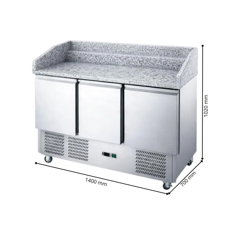 GN 1/1 R290 - Mesa de pizza refrigerada de 3 puertas de granito, 1400 mm, 368 L, con respaldo