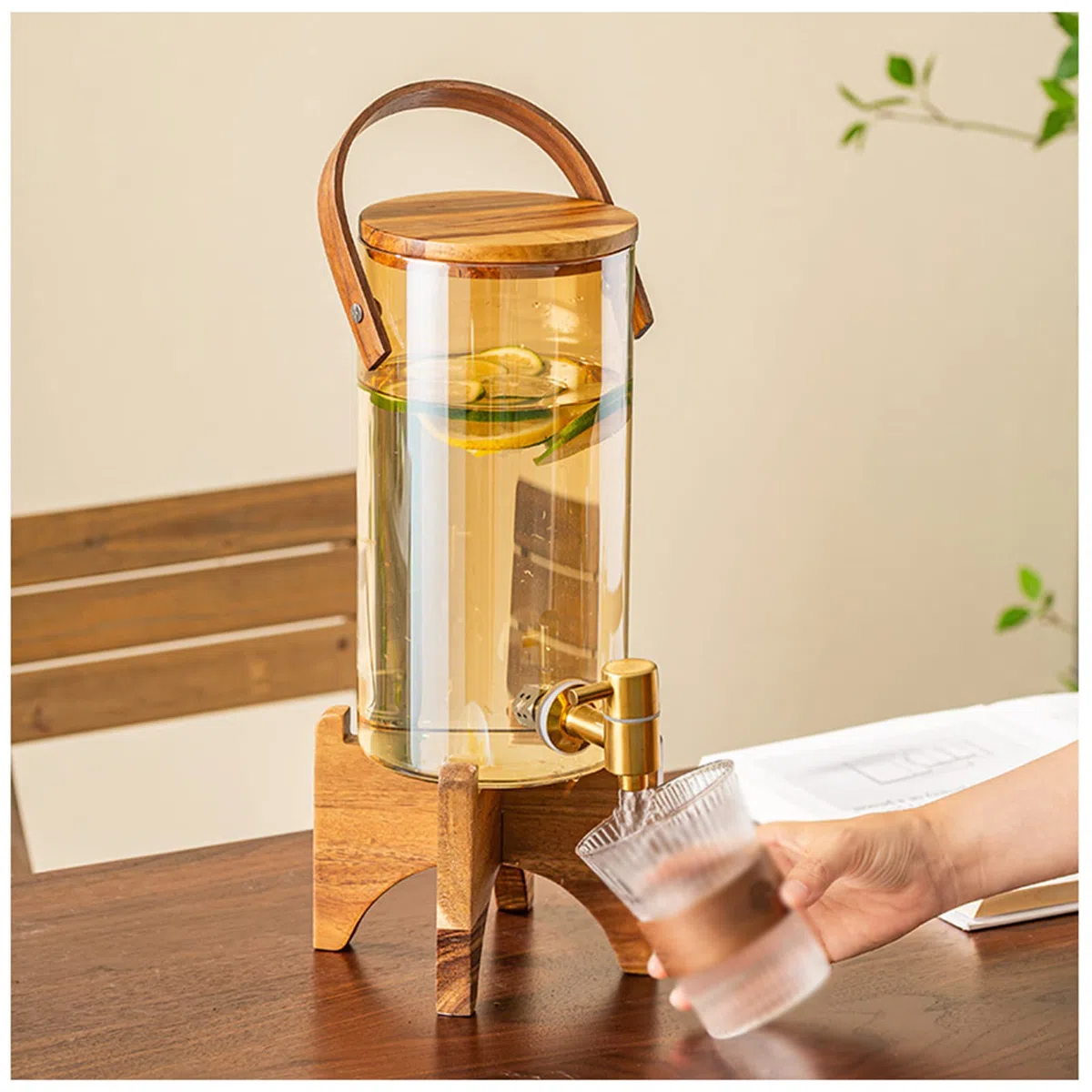 Dispensador Beve de 3 litros con soporte de madera, perfecto para bebidas frías y calientes, ideal para fiestas al aire libre, eventos y uso diario