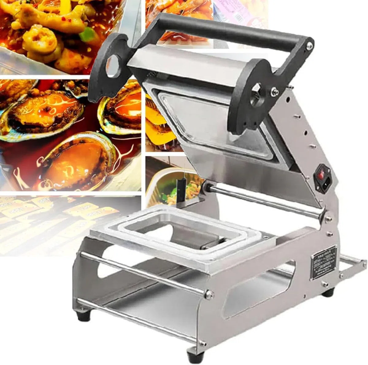 Máquina selladora manual de bandejas de alimentos para alimentos líquidos y jugosos, ideal para carnes frescas, sopas, salsas y adobos, asegurando frescura y embalaje a prueba de fugas