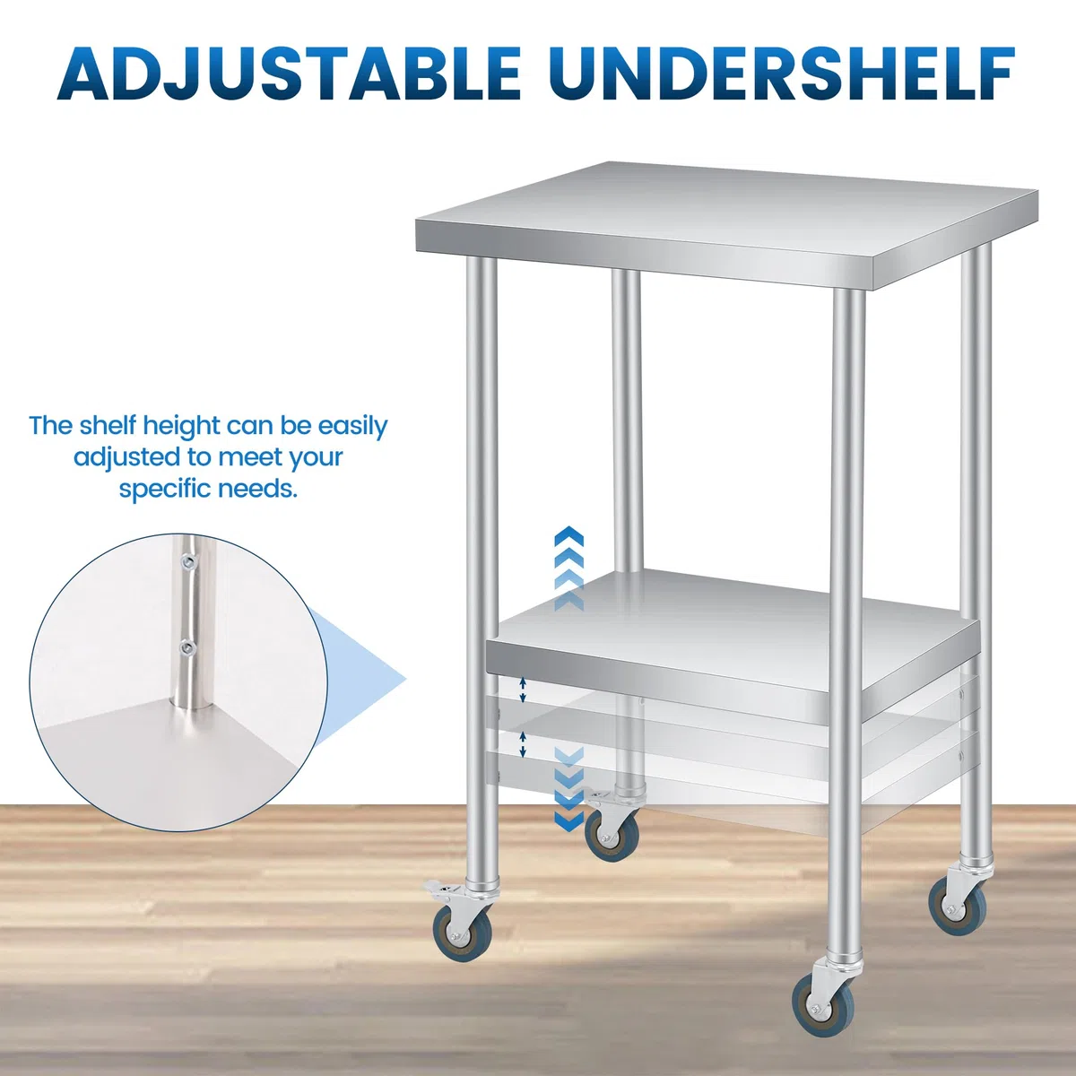 Mesa de Trabajo de Acero Inoxidable de 61 x 61 cm (24" x 24"), de Dos Niveles, cniveles, con Estante Ajustable y Ruedas con Bloqueo Cocina, Restaurante, Garaje y Uso Exterior.