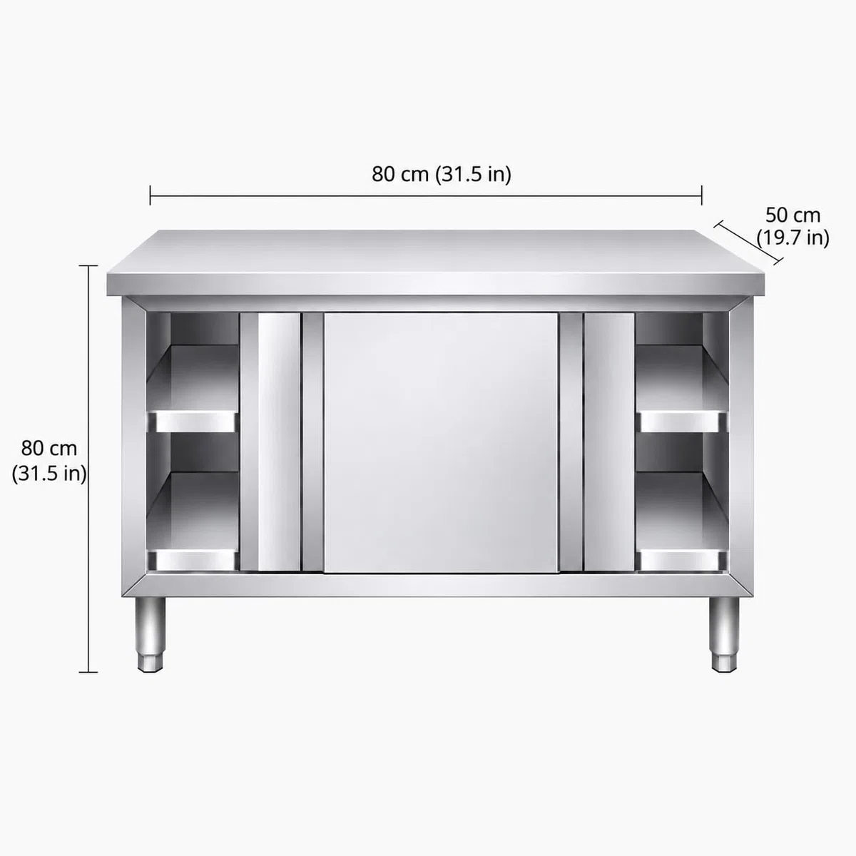 Mesa de trabajo de acero inoxidable con puertas correderas, 80 x 50 x 80 cm