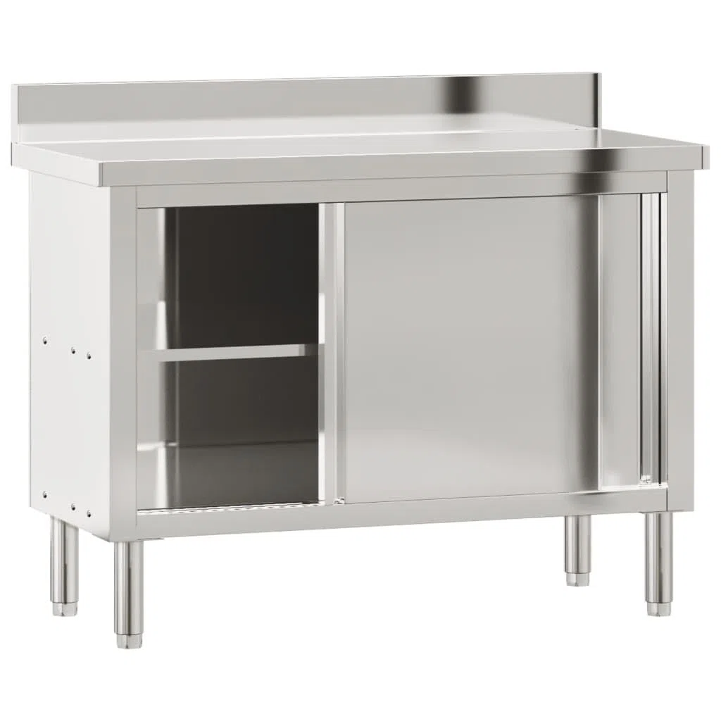 Mesa de trabajo de cocina de acero inoxidable con puertas correderas, 110 x 50 x 90 cm, 2 puertas, para gastronomía, restaurante, cocina, catering, hotel, bar, cafetería, cantina, encimera