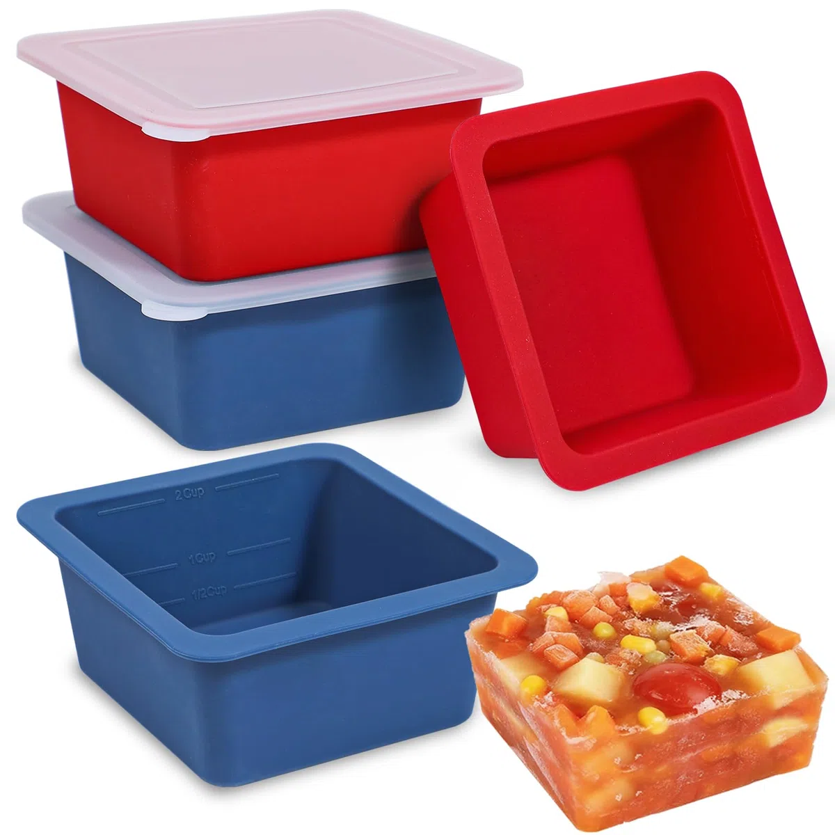 Kamehame Bandeja congeladora para sopas, 2 tazas, bandeja de silicona para congelar alimentos, bandeja grande para cubitos de hielo, 4 unidades