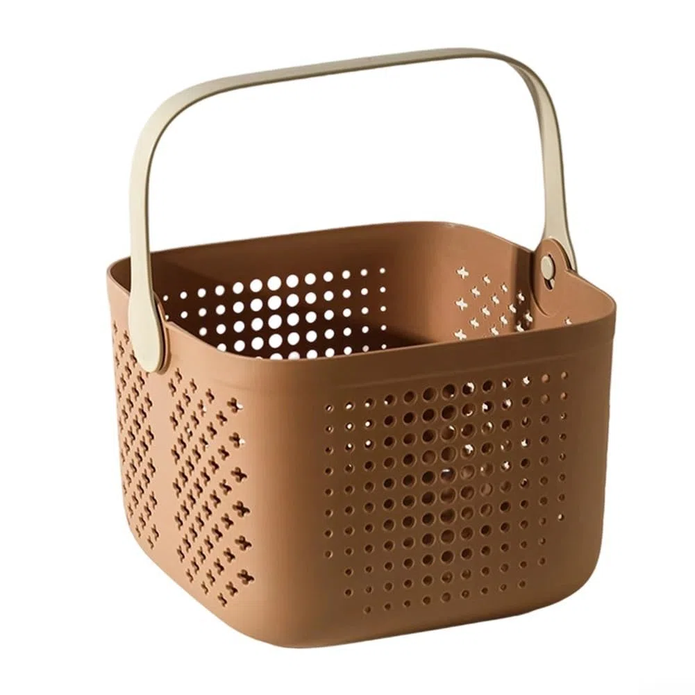 Cesta de ducha portátil con drenaje hueco y asa, adecuada para artículos de tocador y productos de limpieza (marrón)