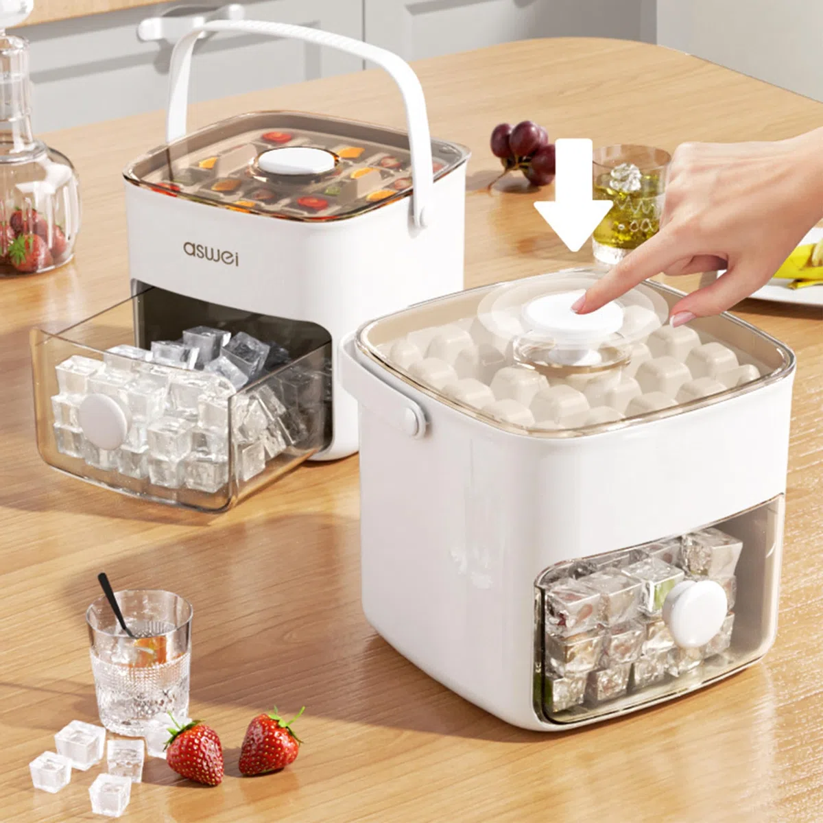 CINY 48 compartimentos de doble capa de prensa caja de hielo, con asa de transporte, pulse para quitar el hielo rápidamente, Ideal para el hogar, cocina, camping
