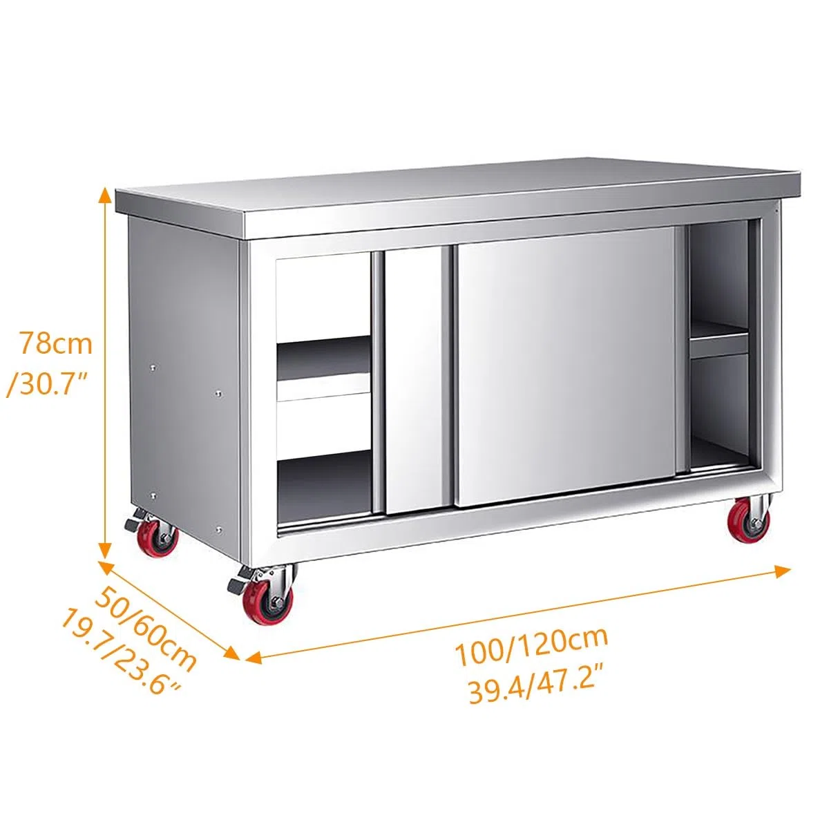 Mesa de trabajo de acero inoxidable con puertas dobles correderas y almacenamiento, mesa de preparación resistente con ruedas para cocina comercial, restaurante y garaje