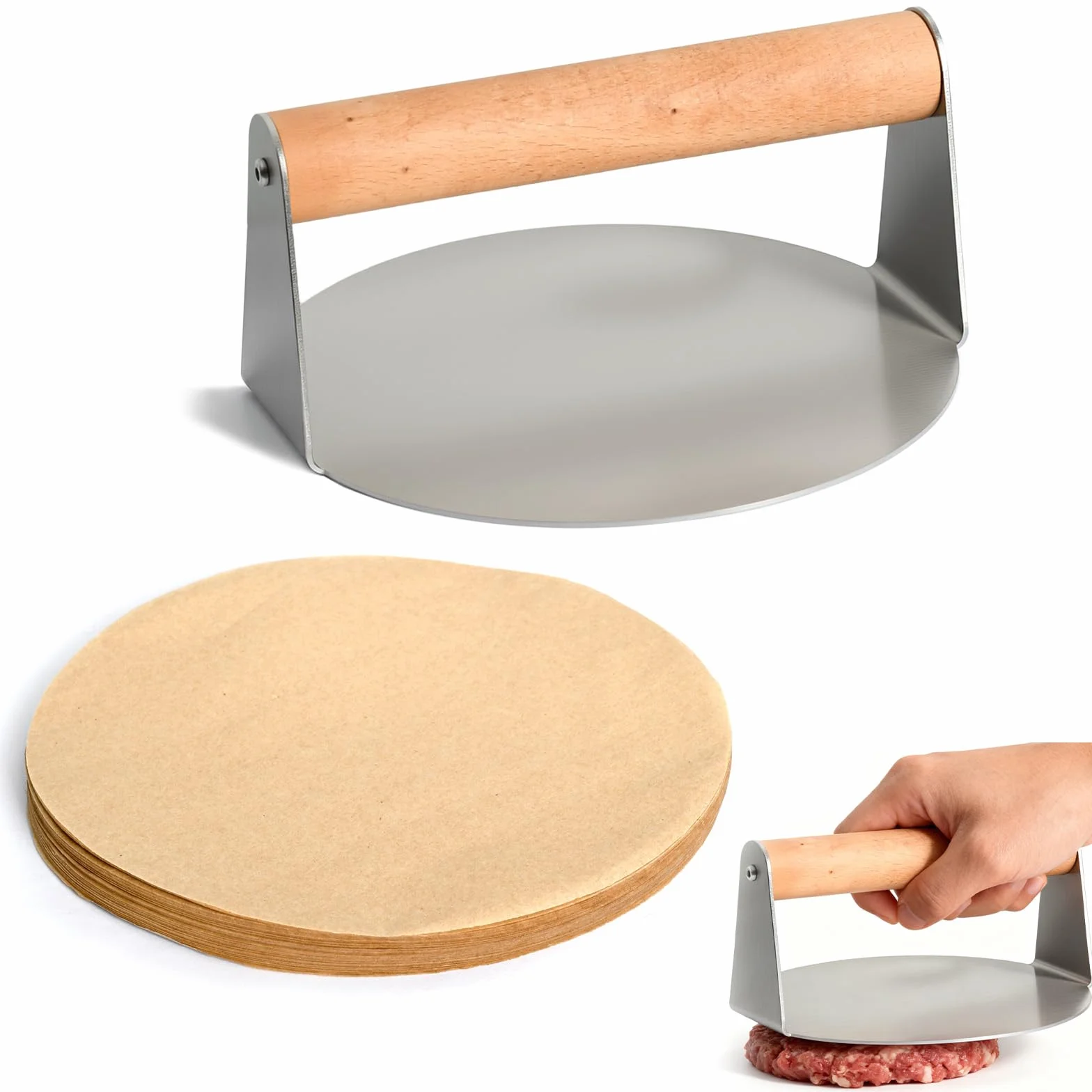 Juego de Prensa para Hamburger, Prensa de Carne 16 cm + 200 Hojas de Separador de Carne 16 cm, Herramientas de Cocina Esenciales