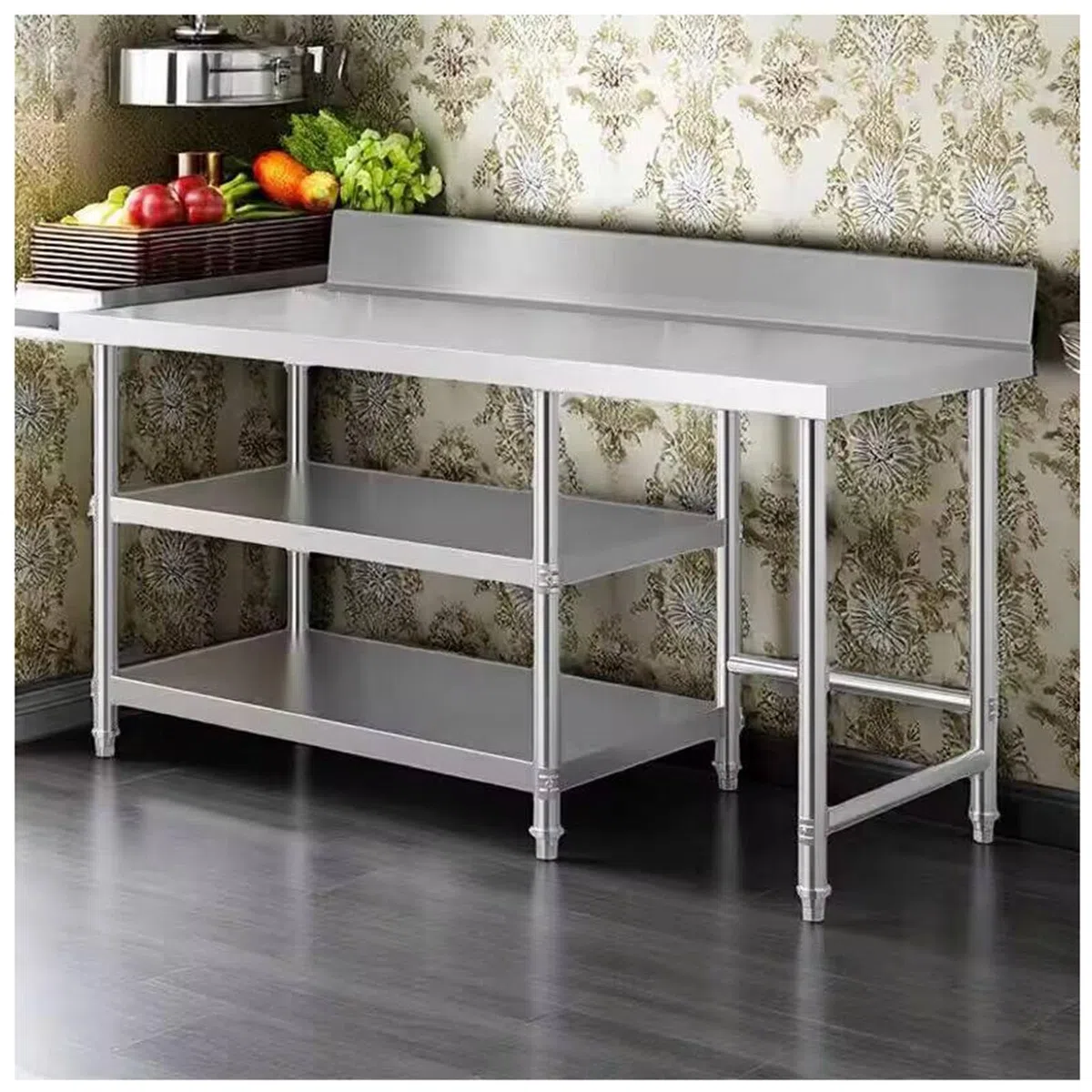 Mesa de trabajo de cocina de acero inoxidable 304 resistente con barandilla, banco de trabajo de altura ajustable (110 x 50 x 80 cm), ideal para cocinar alimentos y uso comercial