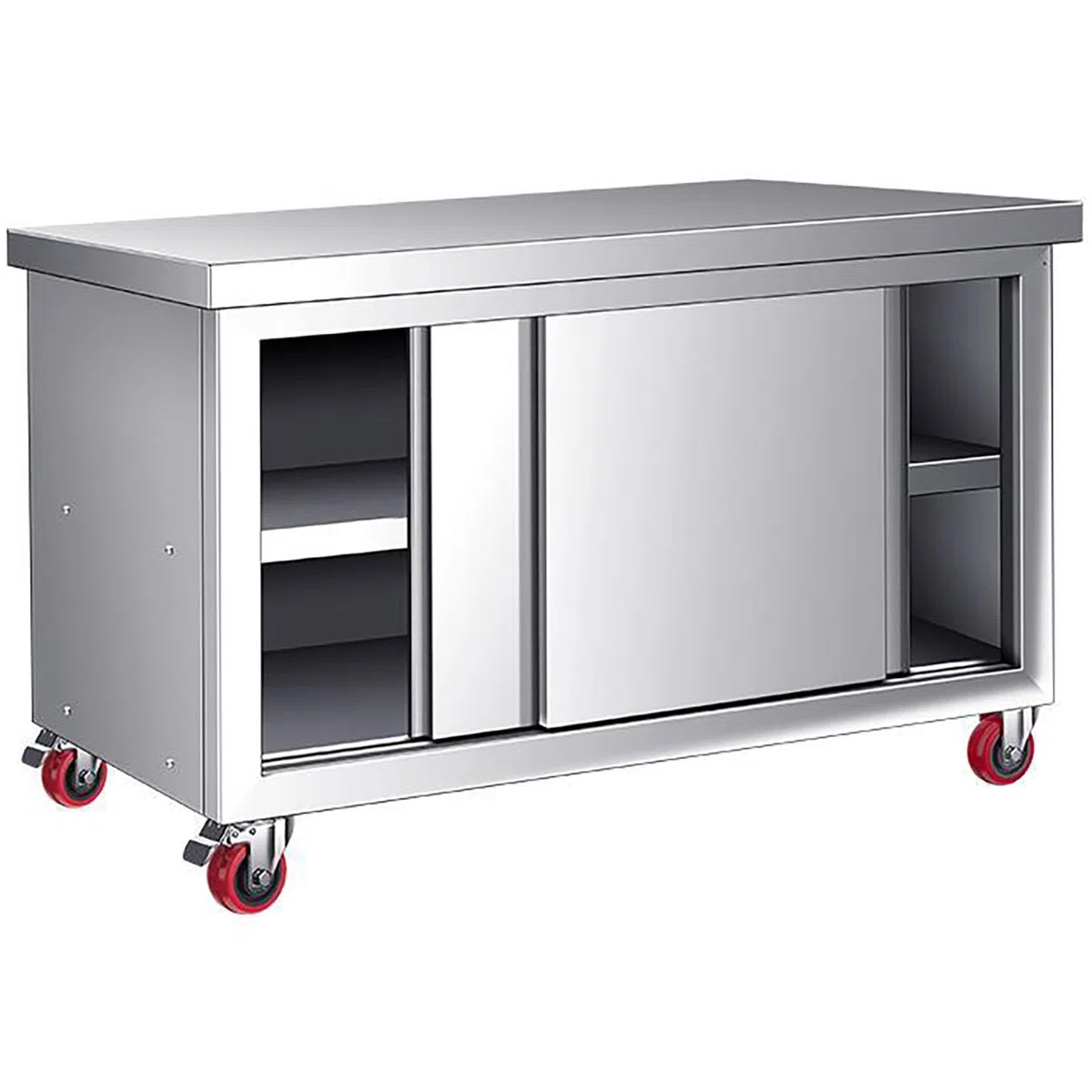 Mesa de trabajo de acero inoxidable con puertas corredizas, mesa de preparación de cocina comercial resistente con gabinete y ruedas, soporta hasta 1240 libras para uso en restaurantes y hoteles