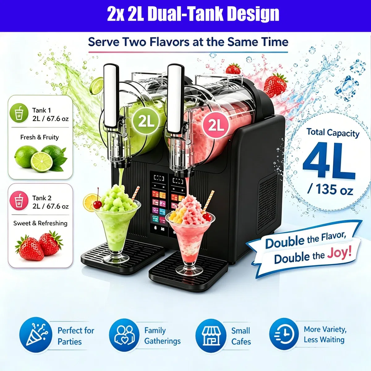 MáQuina De Granizados | MáQuina para Hacer Helado Cremoso, MáQuina Comercial De Granizados con 2 DepóSitos, 7 Modos Preestablecidos, Dureza Y Temperatura Ajustables Black