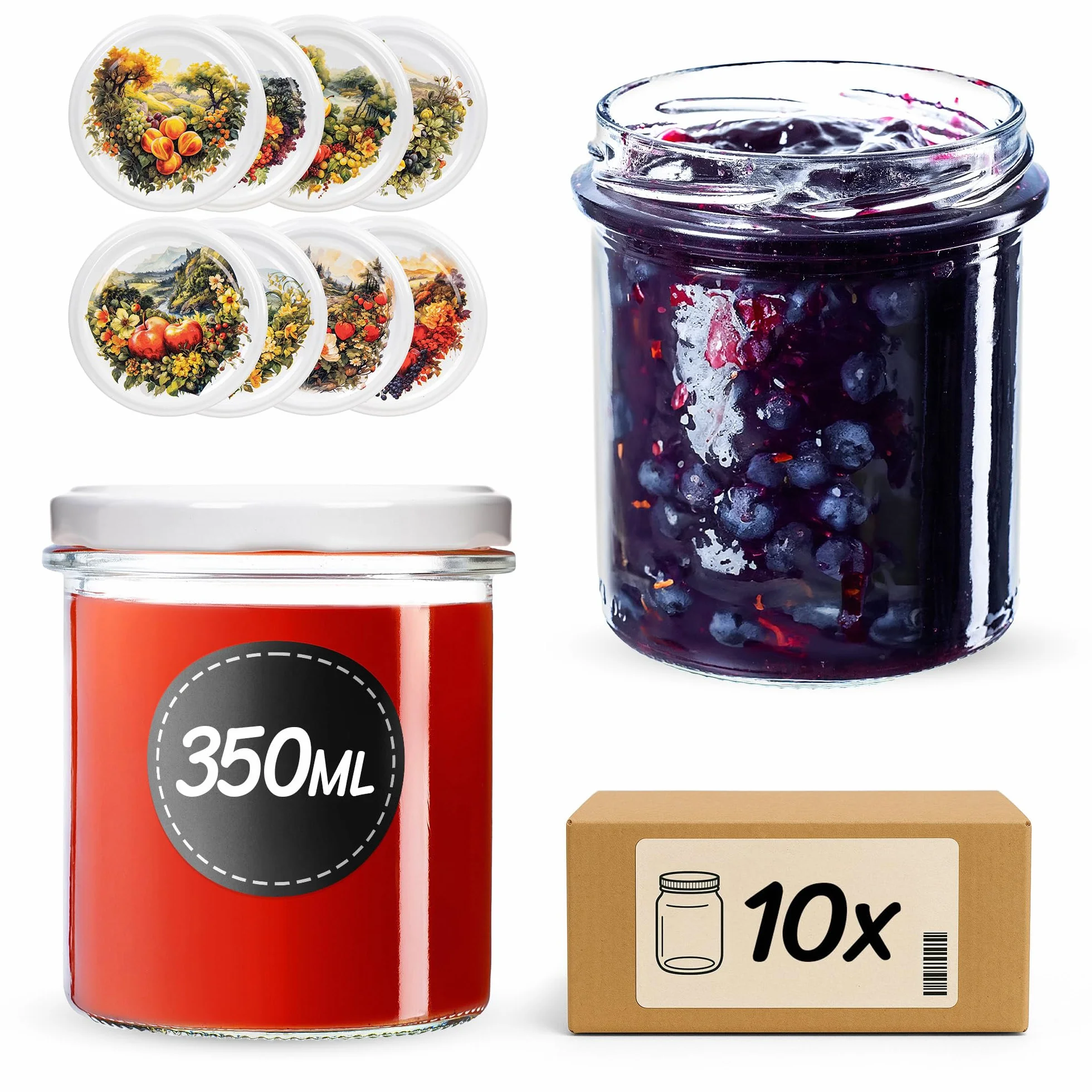 KADAX Tarros de mermelada de 350 ml con tapa de rosca fi82 mm, tarros pequeños con tapa, tarros para conservas, conservas y conservas, tarros de rosca (huerto, 10 unidades)