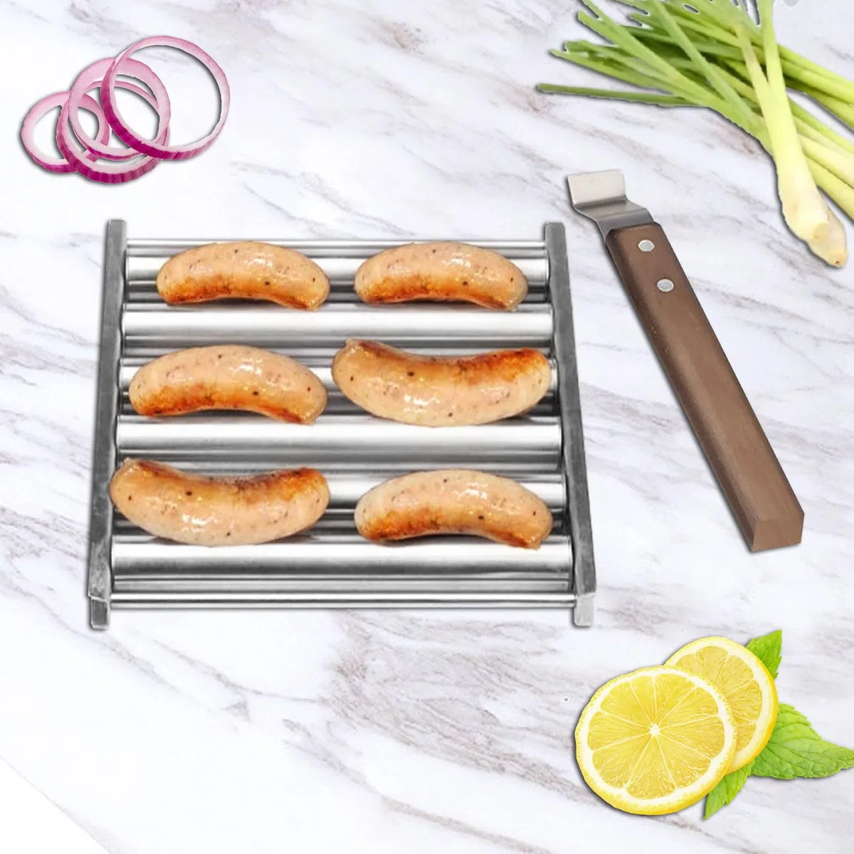 Hot Dog Roller - Rodillo para salchichas (acero inoxidable, mango de madera extralargo)