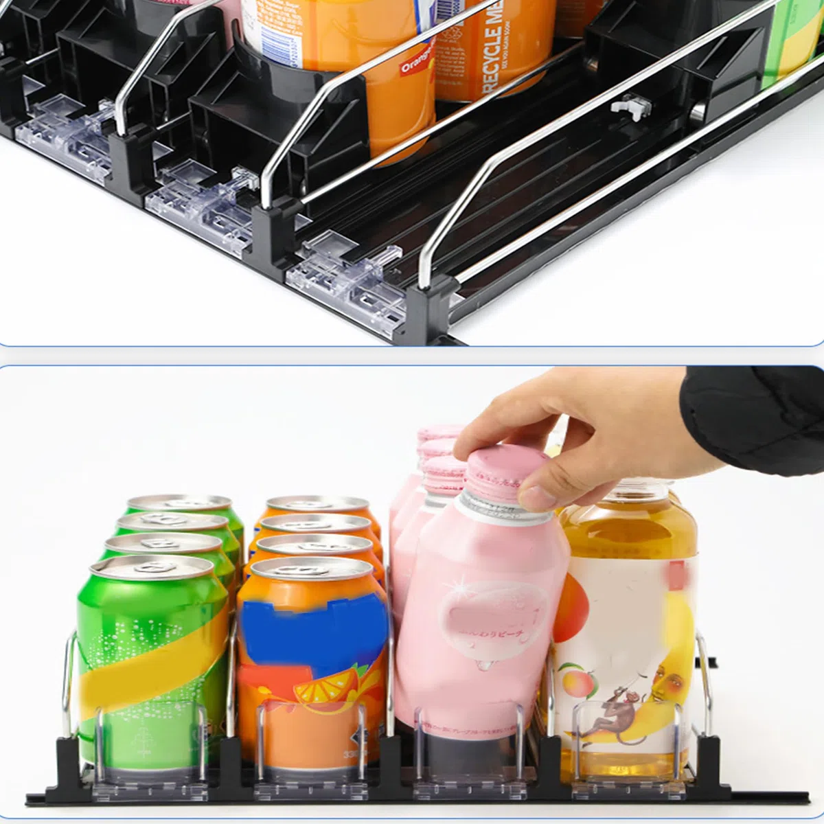 Nevera Dispensador, Automático Dispensador, Organizador De Latas Grande Para Nevera, Barra Doble De Barra Negra, Deslizador Ajustable, Grupo De Tres Filas, 38 * 25 * 8 Cm
