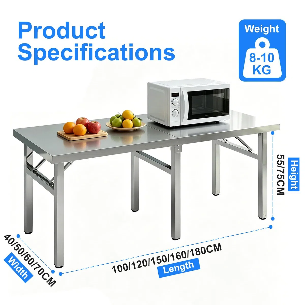 Mesa de preparación plegable de acero inoxidable, mesa de trabajo comercial resistente, isla cocina plegable portátil con patas plegables, estación de trabajo de preparación alimentos(100x40x75cm)