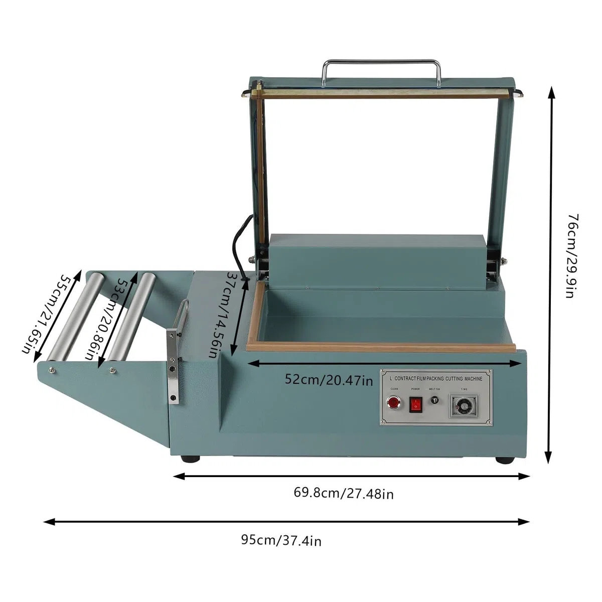 Selladora térmica de barra en L de alta resistencia para film retráctil, máquina de sellado por impulsos de 1000 W con temporizador ajustable y soportes para film.