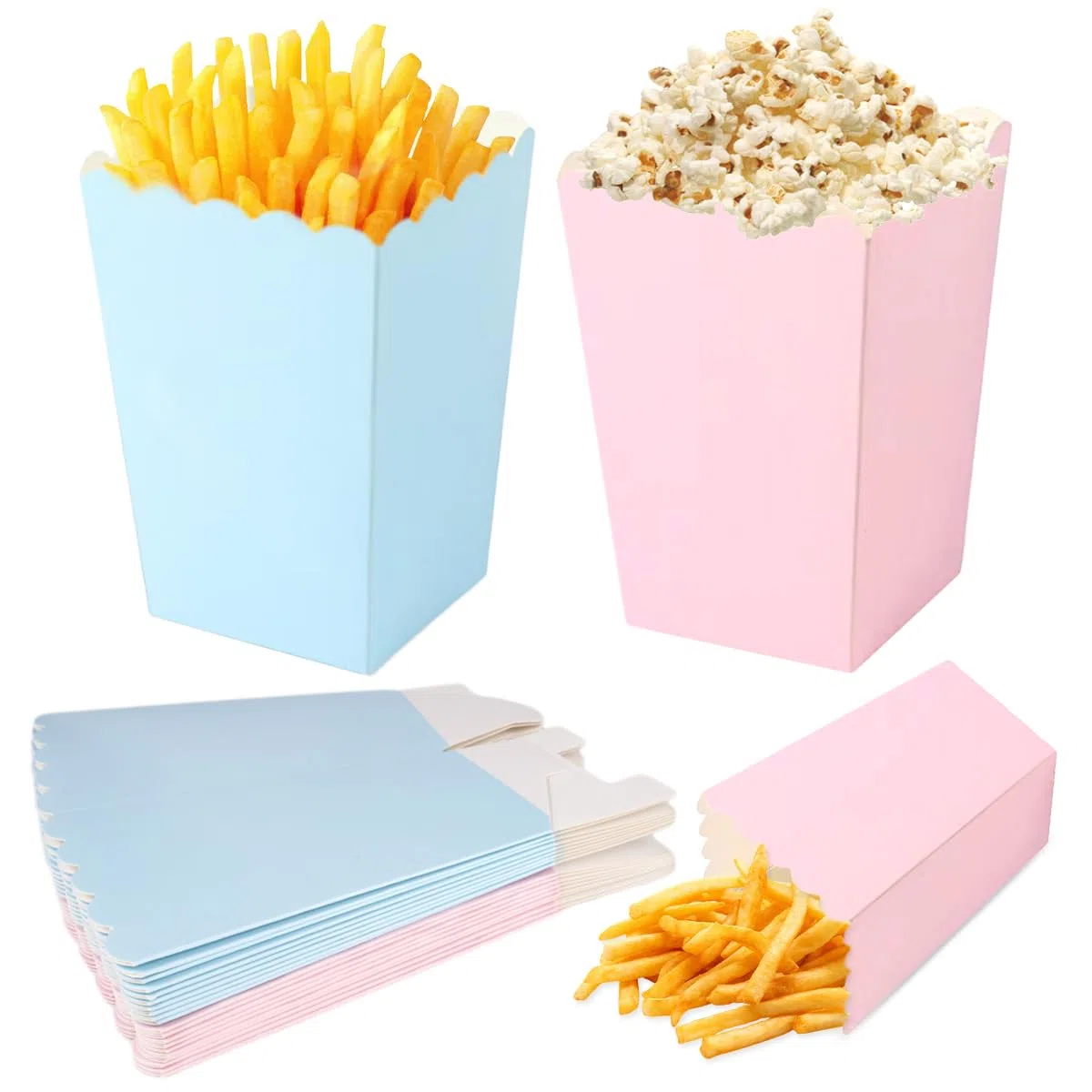 48 Piezas Cajas Palomitas de Cartón Reforzado Resistentes 5.5 x 7.5 x 11cm Bolsas de Palomitas de Maíz Apertura Ondulada para Cine en Casa, Cumpleaños, Baby Shower y Fiestas Temáticas (Azul, Rosa)
