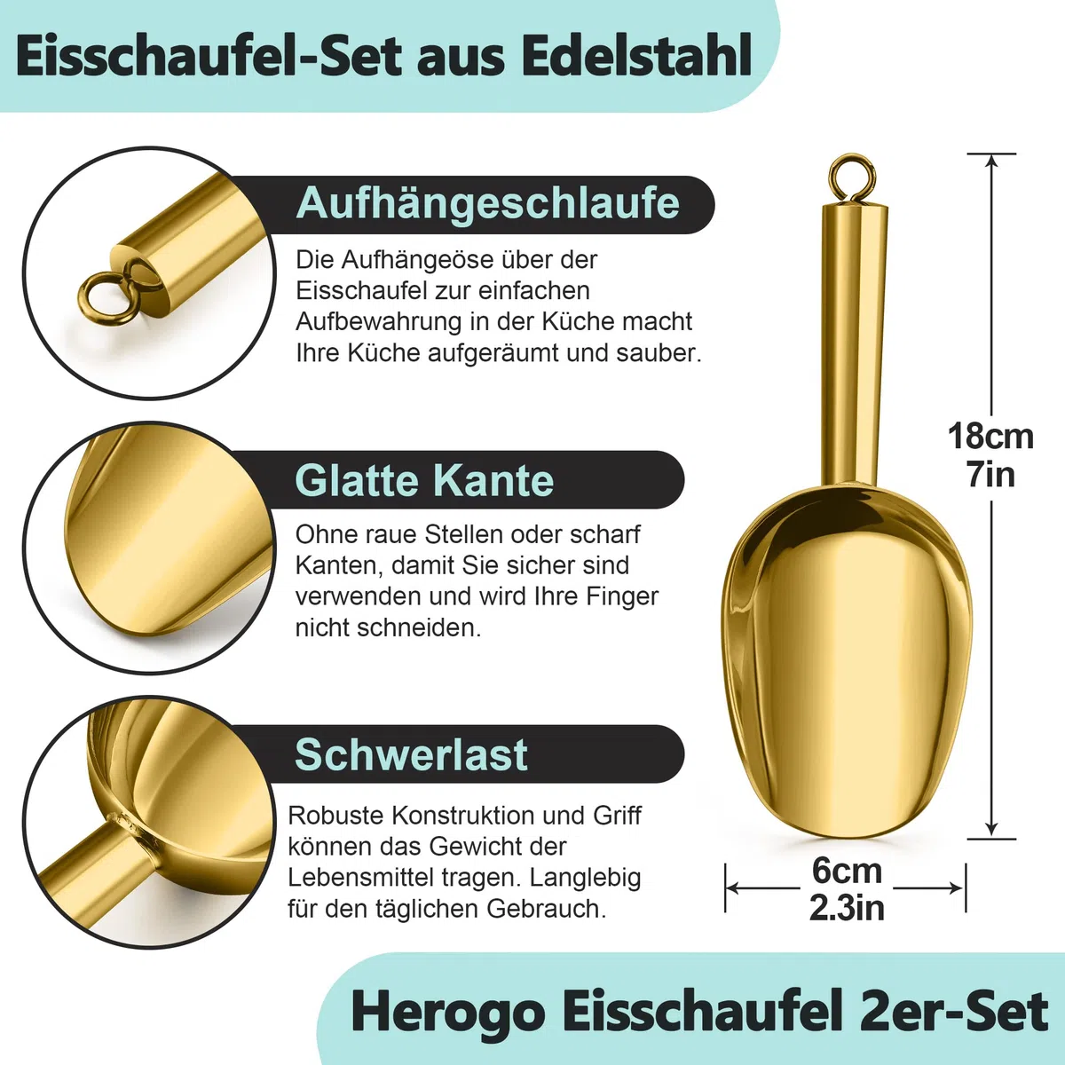 Herogo Juego de 2 palas de harina, de acero inoxidable, 18 x 6 cm, cucharas de helado, para cocina, boda, harina, pienso, alimentos, dulces, lavavajillas (dorado)