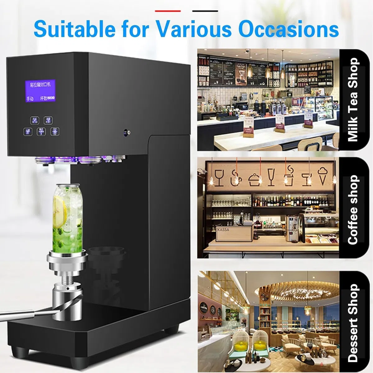 Selladora automática de latas, sellador eléctrico de tazas con mostrador y pantalla LCD, ideal para el hogar, cafetería, restaurante, tiendas de bebidas, se adapta a tazas de 5,5 cm de diámetro, 14 a