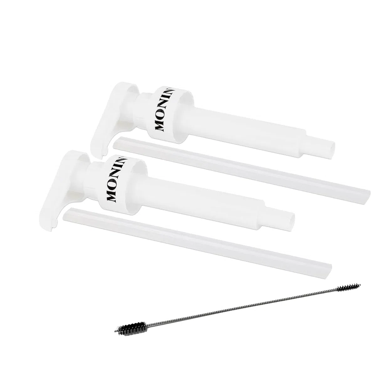 Juego de 2 bombas de jarabe para jarabe Monin de 0,7 litros, dispensador de botellas de cristal, bomba dosificadora para 10 ml + 1 cepillo de limpieza ZZ-Clan apto para tubo ascendente