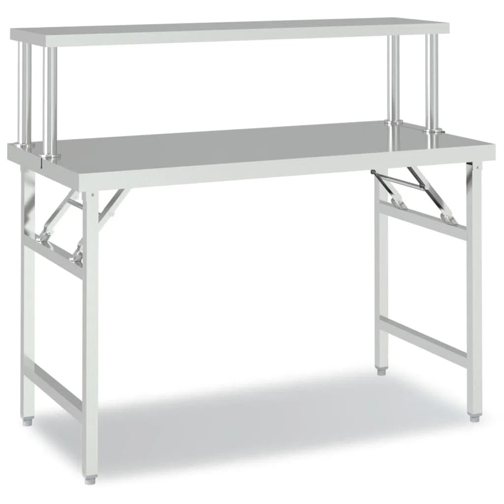 Mesa de trabajo plegable de acero inoxidable con estante 120 x 60 x 115 cm