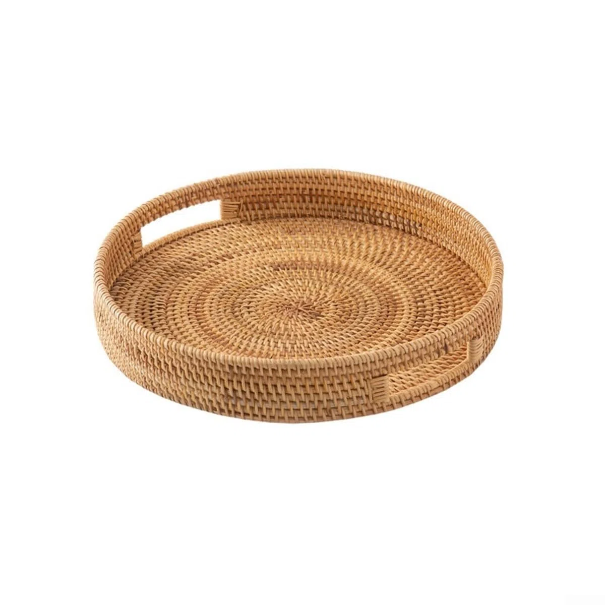 Bandeja de almacenamiento tejida de ratán natural, cesta de servir hecha a mano con asas integradas para cocina, hogar, picnic, centro de mesa decorativo rústico para alimentos, bebidas, frutas (25 cm