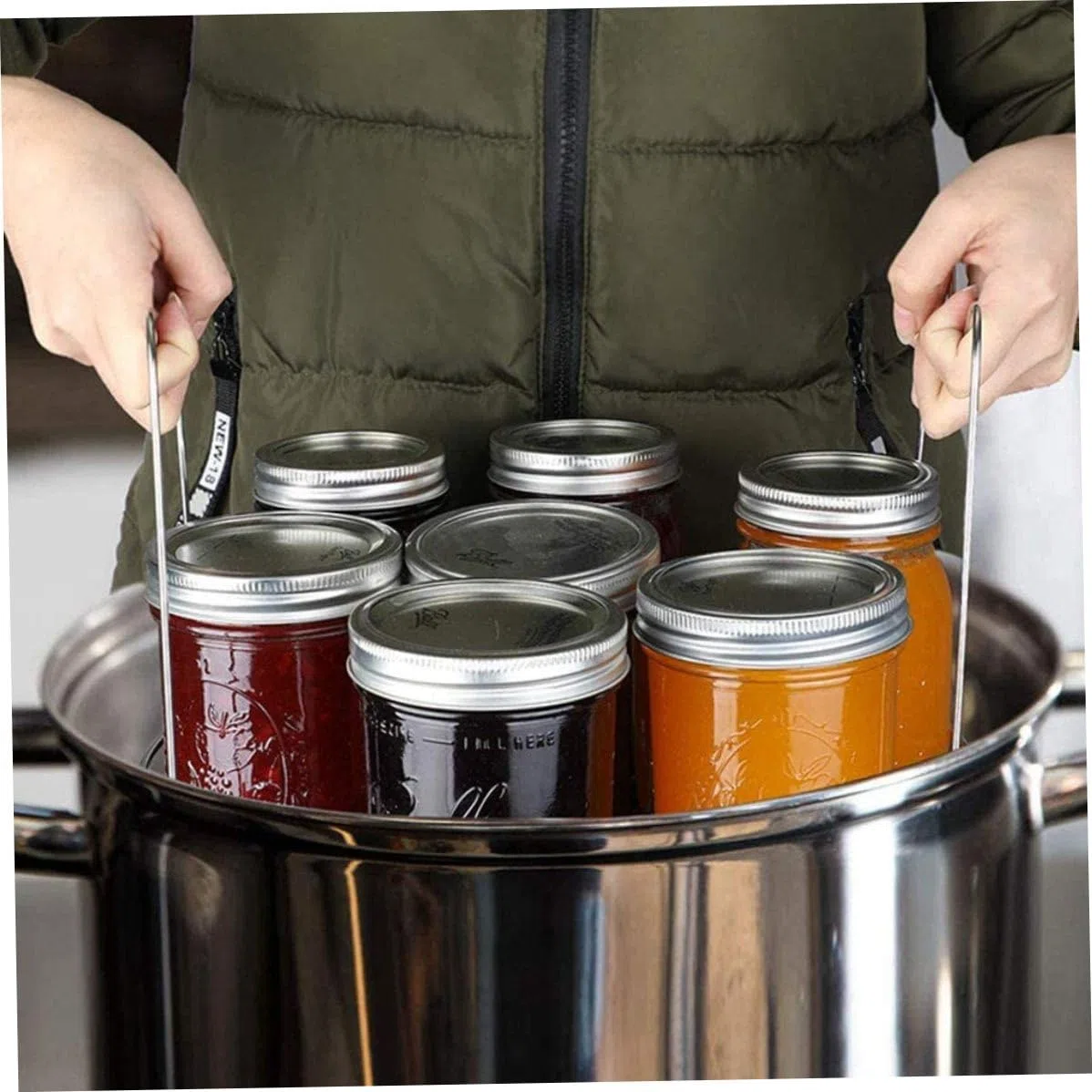 Kit de conservas, estante para tarros de conservas de acero inoxidable con asas largas, estante universal para tarros de boca regular y boca ancha, conservación del hogar
