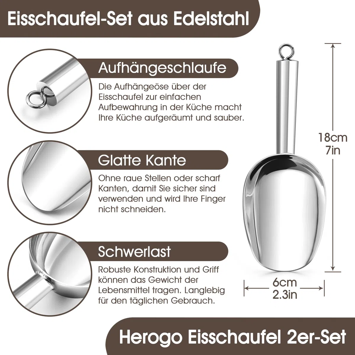 Herogo Juego de 2 palas de harina, de acero inoxidable, 18 x 6 cm, para cocina, bar, boda, harina, alimentos, dulces, apto para lavavajillas