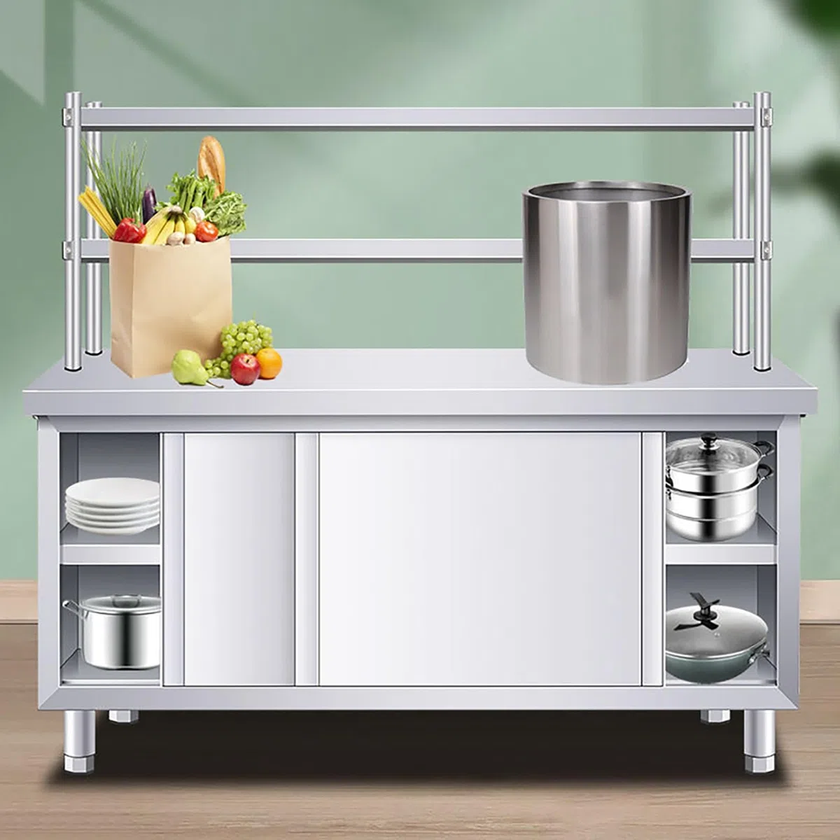 Mesa de trabajo de acero inoxidable, mesa de preparación de cocina comercial resistente con puerta corredera y estante superior para restaurante y bar