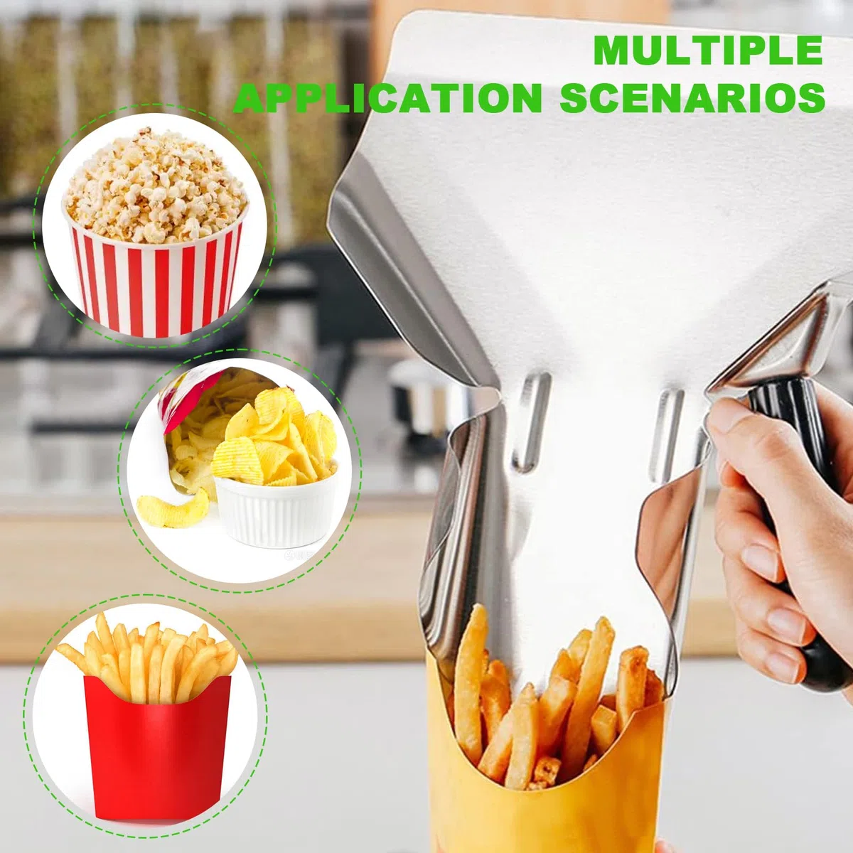 1 pala para patatas fritas, 22,5 x 21 cm, acero inoxidable, con 1 mango derecho, para el hogar, cocina, aperitivos, dulces, postres, con un mango y pinzas para el pan