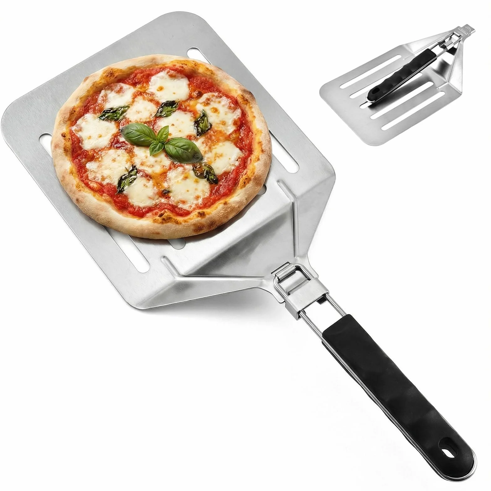 Pala Pizza Horno Perforada, Pala para Pizza de Acero Inoxidable con Mango Plegable y Colgable, Profesional para Horno de Leña Pizzas Pequeñas (8"), Pan, Alta Cocina, Pizzerías (20,3 x 23 cm)
