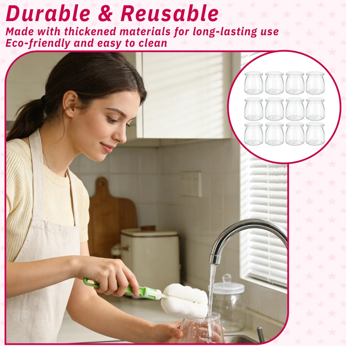 Juego de 12 tarros de yogur transparentes de 200 ml con tapas – Vasos reutilizables para mermelada, miel, velas – Aptos para lavavajillas, microondas y congelador, sin BPA