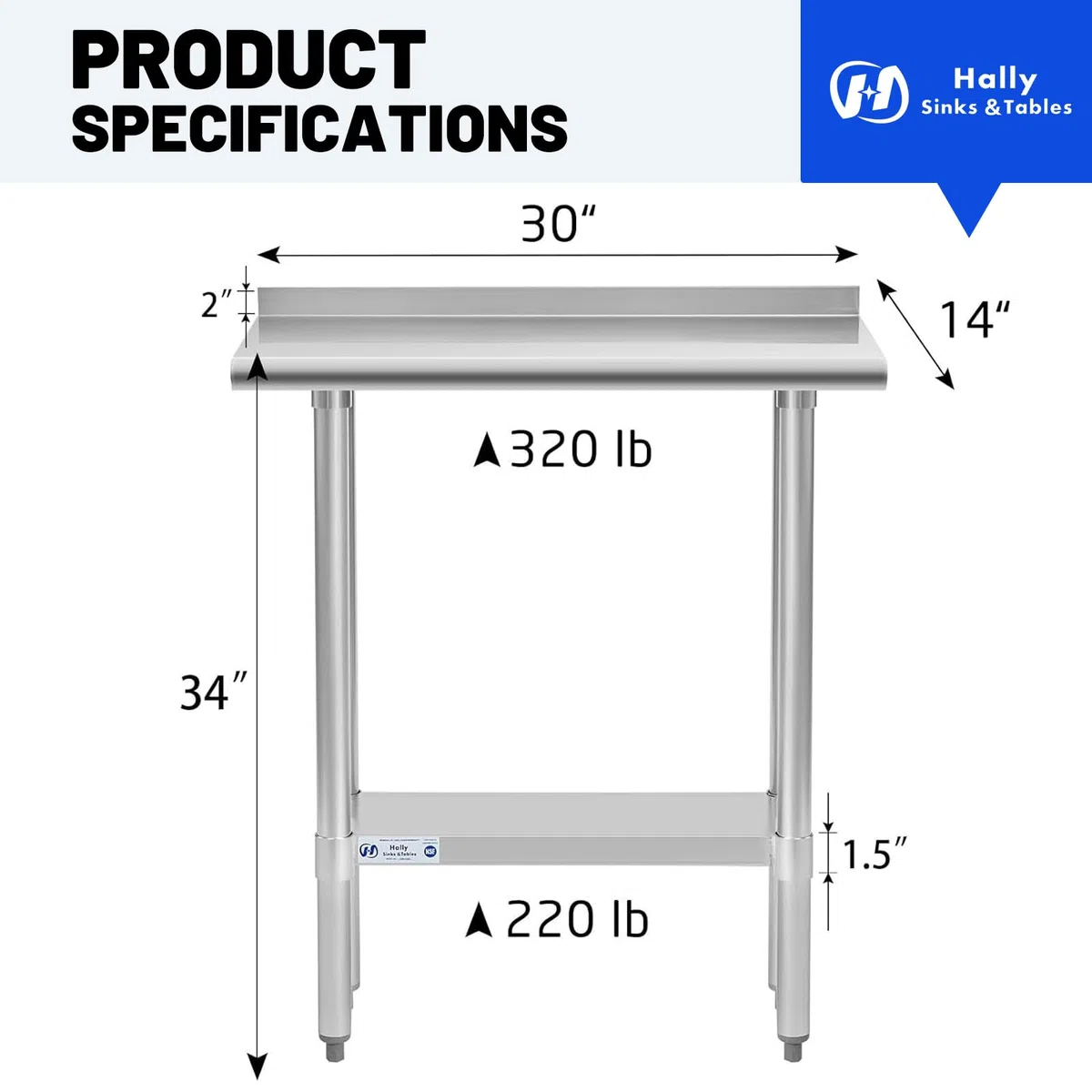 Hally - Mesa de acero inoxidable para preparación y trabajo, 14 x 30 pulgadas, mesa comercial NSF resistente con estante inferior y protector contra salpicaduras para restaurante, hogar y hotel