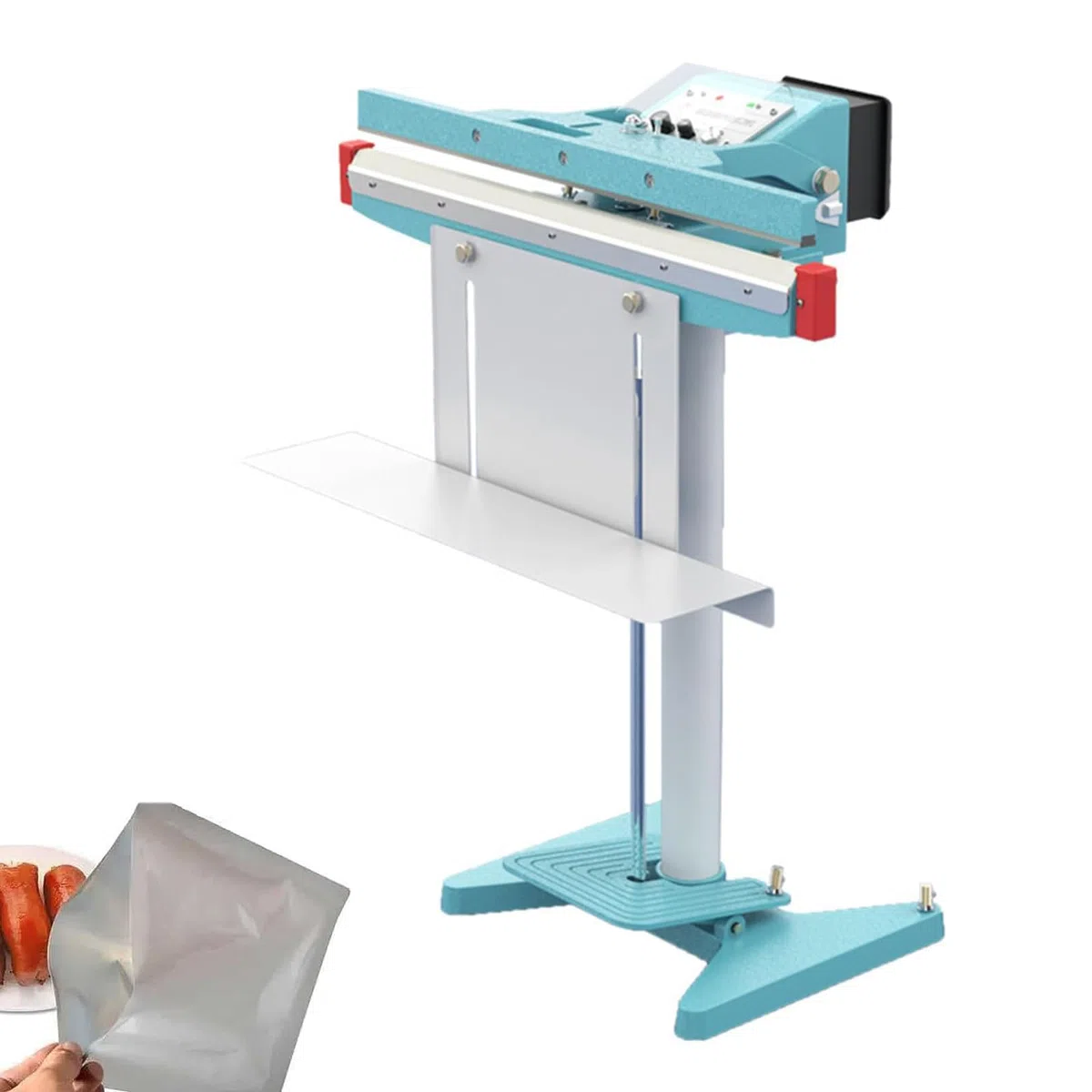 Sellador térmico de impulso de pedal con cortador para película compuesta de aluminio de PVC, máquina de embalaje industrial de sellado de doble cara de 350 mm