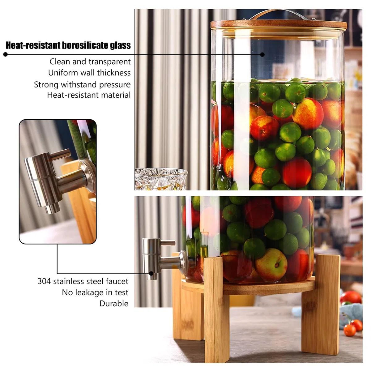 Máquina de bebidas de vidrio de 11 l, exprimidor grande con soporte de madera y grifo de acero inoxidable, botella de limonada para fiestas, dispensador de bebidas para restaurantes y bares, 8 l