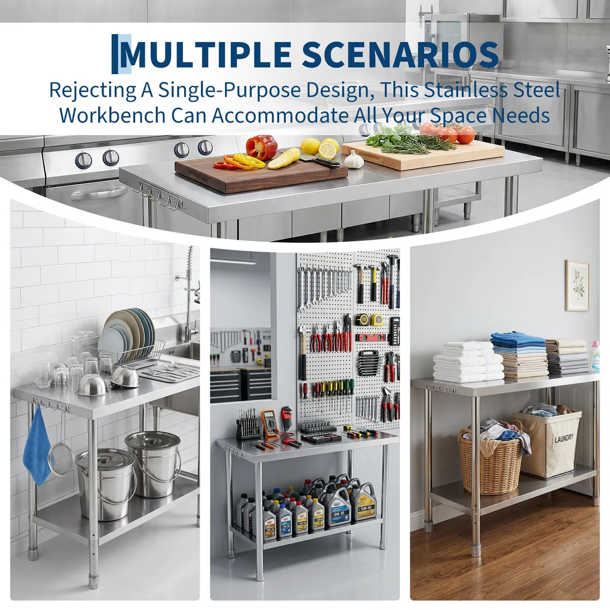 Mesa de preparación Comercial de Acero Inoxidable de Alta Resistencia de 48 x 24 x 35 Pulgadas – Protector contra Salpicaduras – Gancho para ollas – Patas Ajustables – Cocina de Restaurante,