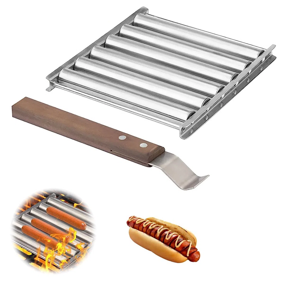 Hot Dog Roller - Rodillo para salchichas (acero inoxidable, mango de madera extralargo)
