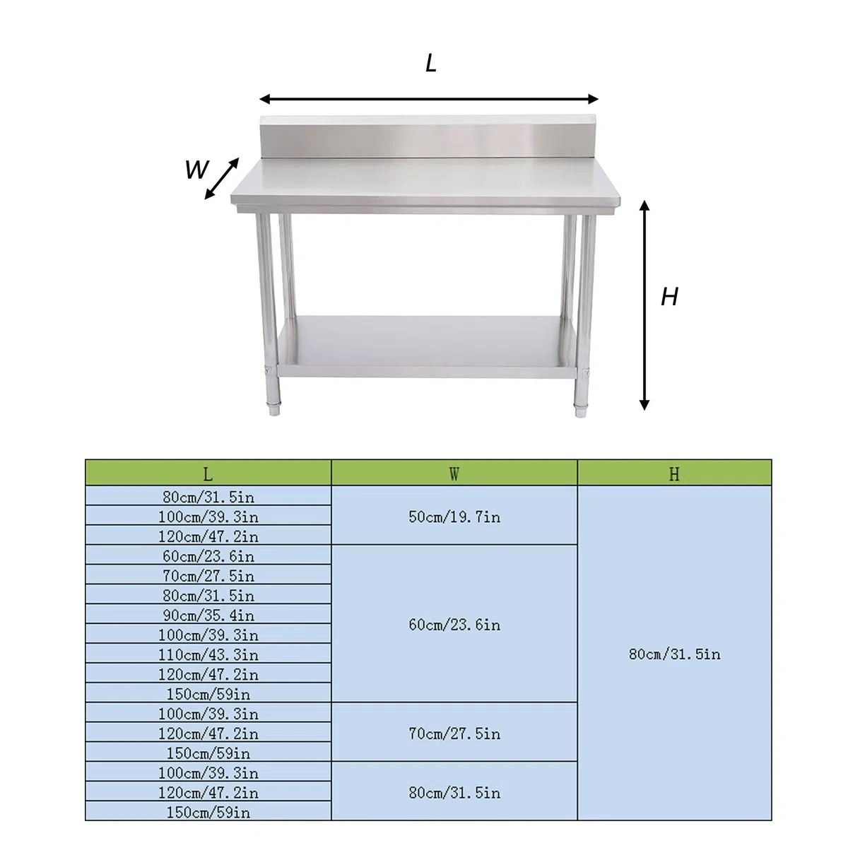 Mesa de Parrilla de Acero Inoxidable con Estante Inferior - Mesa de preparación y Uso en Exteriores - Soporte y Estante de Almacenamiento Duradero para Cocina, lavandería, 150 * 70cm/59 * 27.5in