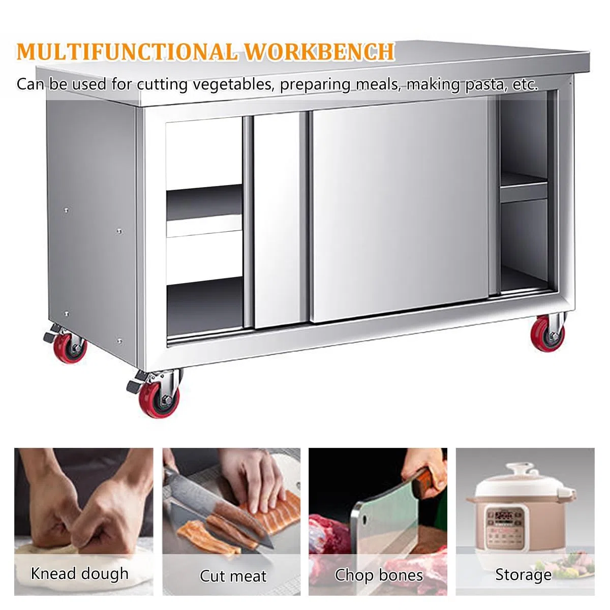 Mesa de trabajo de acero inoxidable con puertas dobles correderas y almacenamiento, mesa de preparación resistente con ruedas para cocina comercial, restaurante y garaje