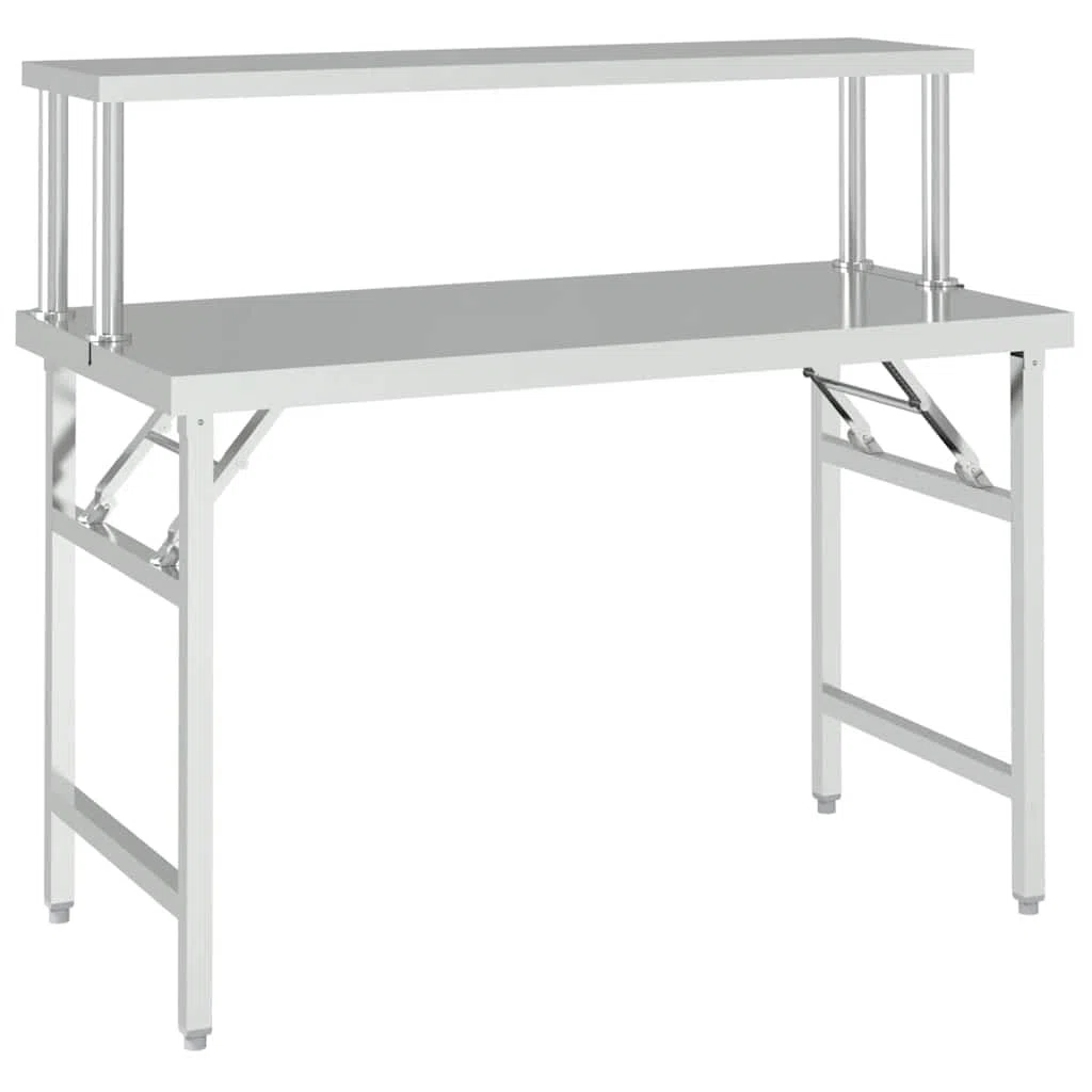 Mesa de trabajo plegable de acero inoxidable con estante 120 x 60 x 115 cm