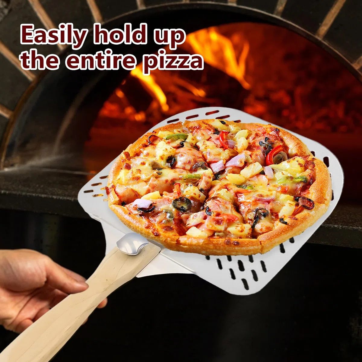 Pala Pizza, Pala para Pizza Perforada, 31 x 63 cm Pala para Pizzas de Aluminio con Mango de Madera Extraíble, Pala de Pizza para Barbacoa, Cocinar Pizzas y Pan