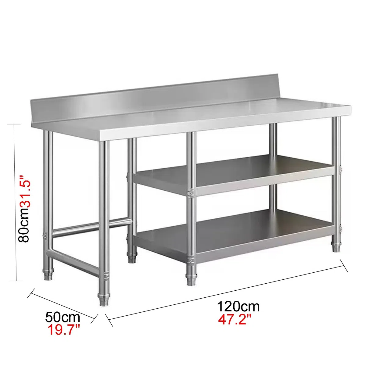 Mesa de trabajo de acero inoxidable 304 con barandilla de altura ajustable, mesa de preparación de cocina, banco de trabajo resistente (120 x 50 x 80 cm)