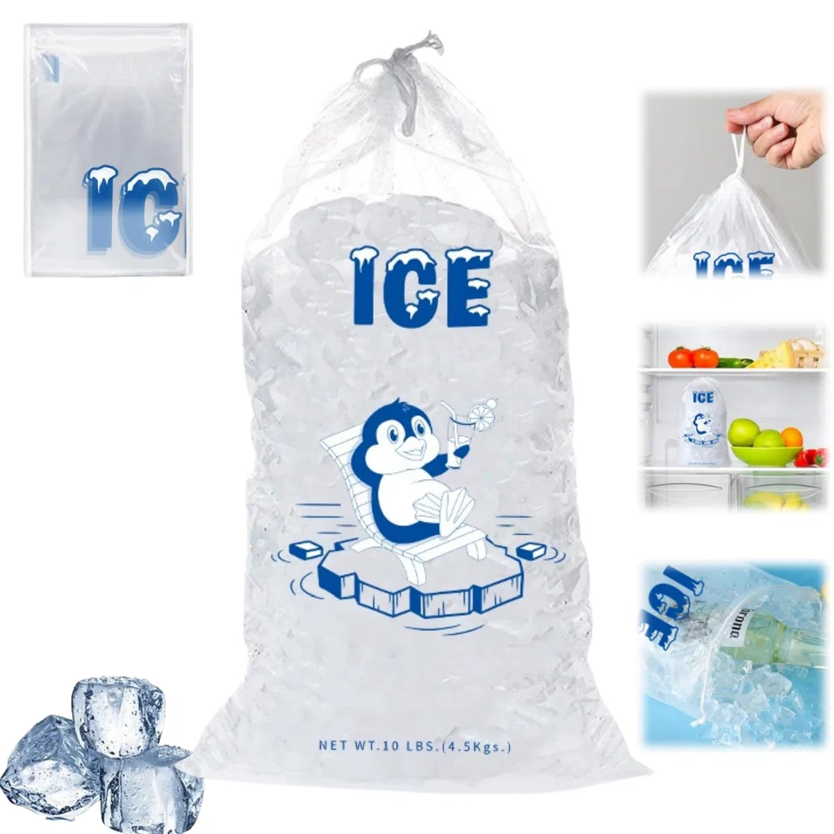 10 bolsas de hielo de plástico con cordón, bolsa reutilizable, bolsas de hielo resistentes que pueden soportar 10 libras, bolsas de hielo vacías gruesas, bolsa de cubitos de hielo, bolsas de