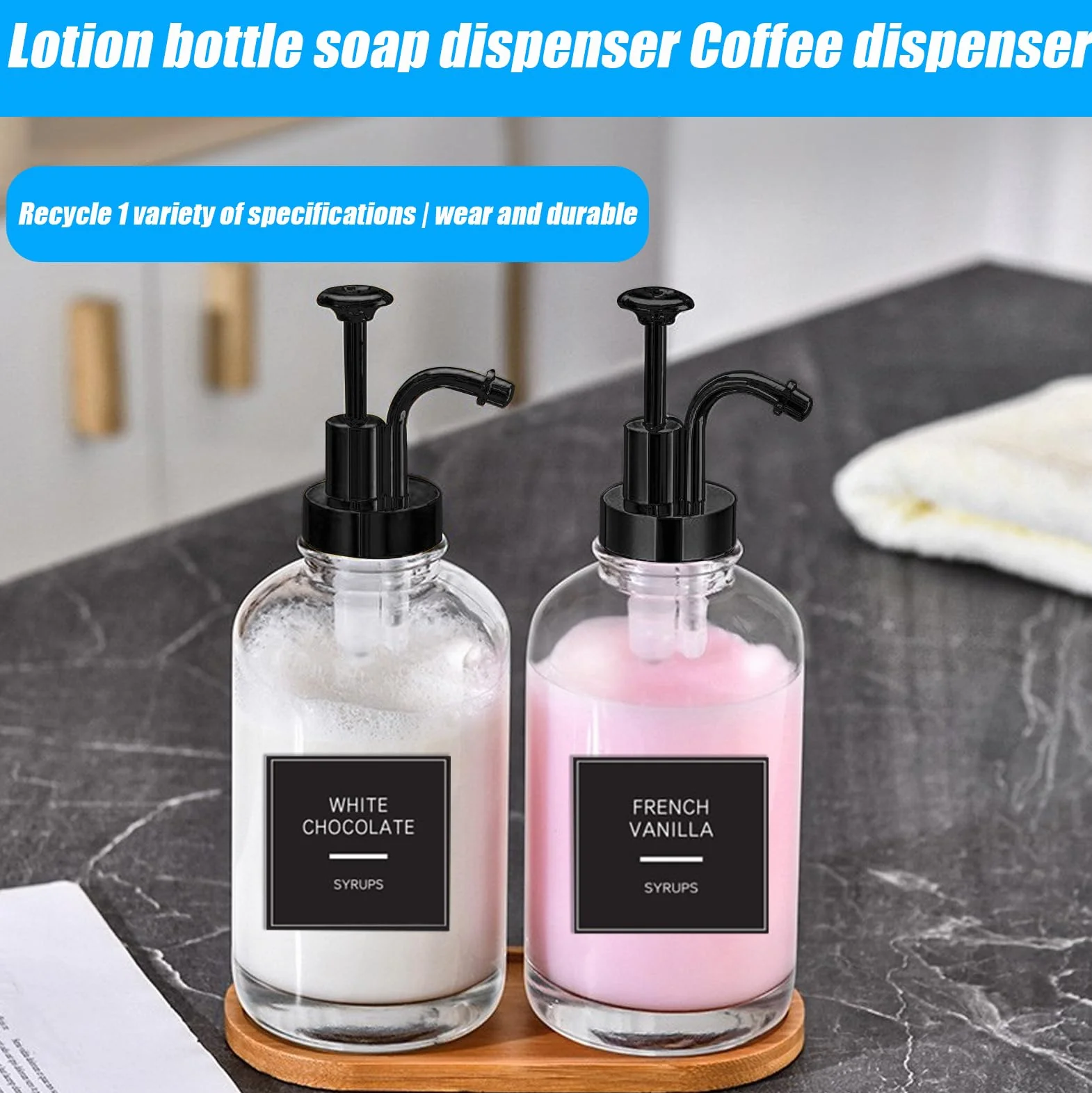 Juego de 2 dispensadores de jarabe de café, dispensador de bombas de café de 500 ml con 18 pegatinas