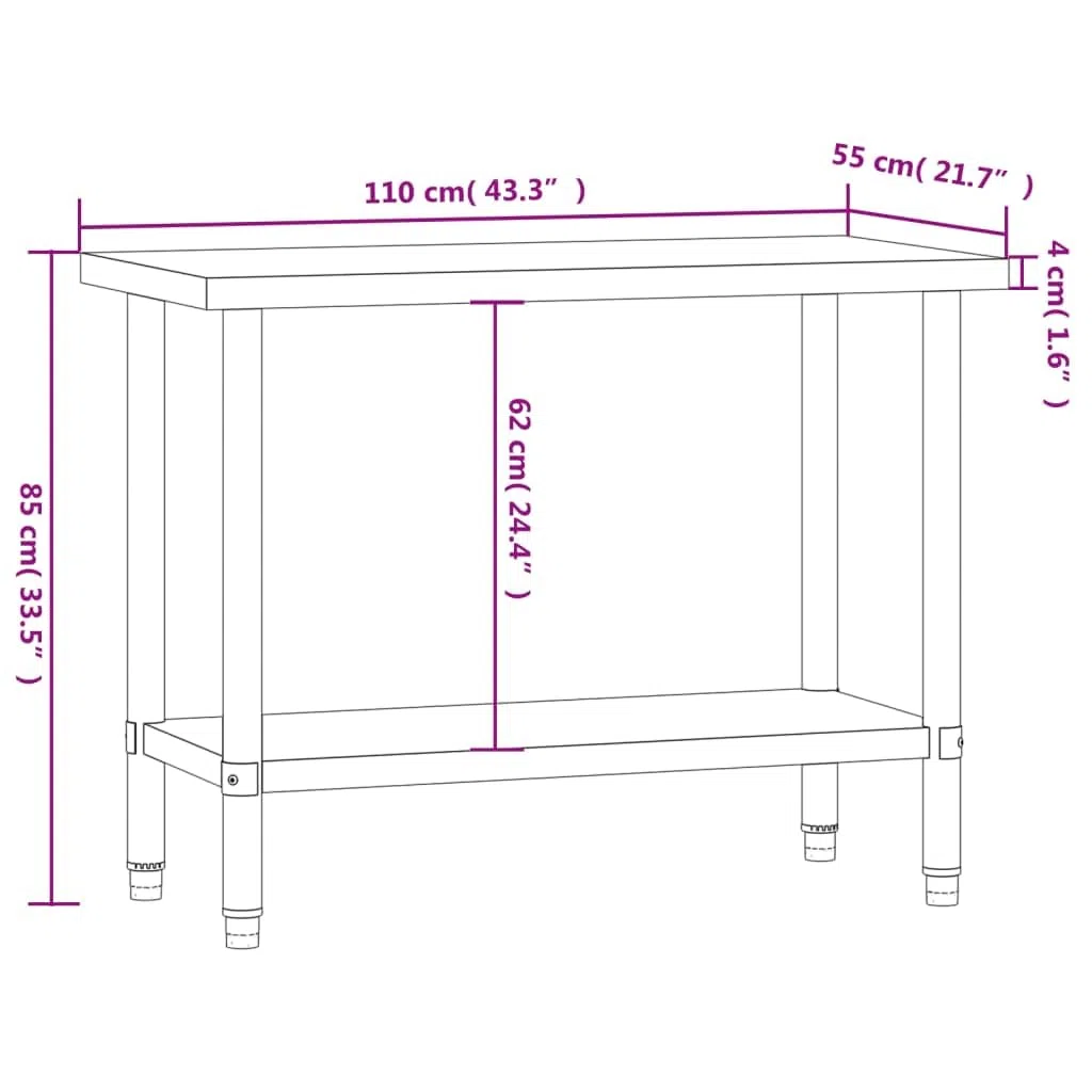 vidaXL Mesa de Trabajo de Cocina Acero Inoxidable 110x55x85 cm